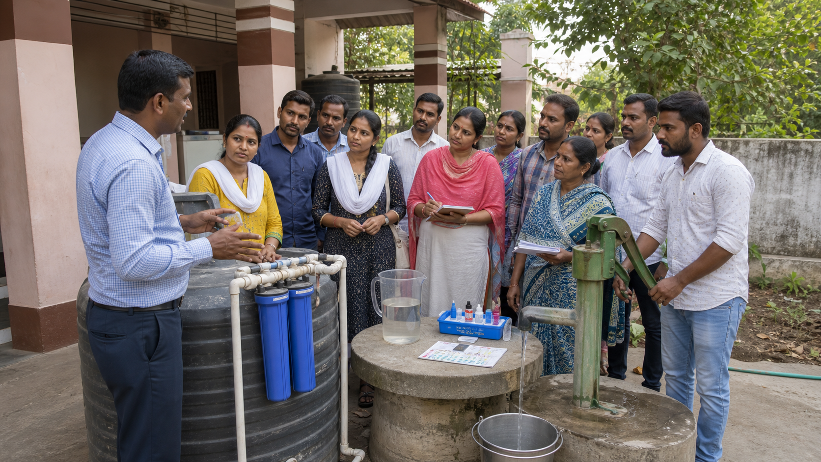 Community water management training with filtration and testing equipment